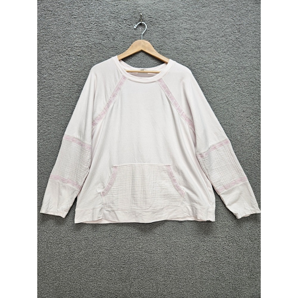 J. Jill Fit Sweatshirt XL Pink 100% Cotton Raglan Gauze Trim Kangaroo Pocket